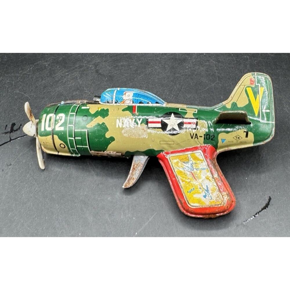 Vintage NAVY Military Friction Powered Tin Litho Trigger Plane Japan TN VA-102